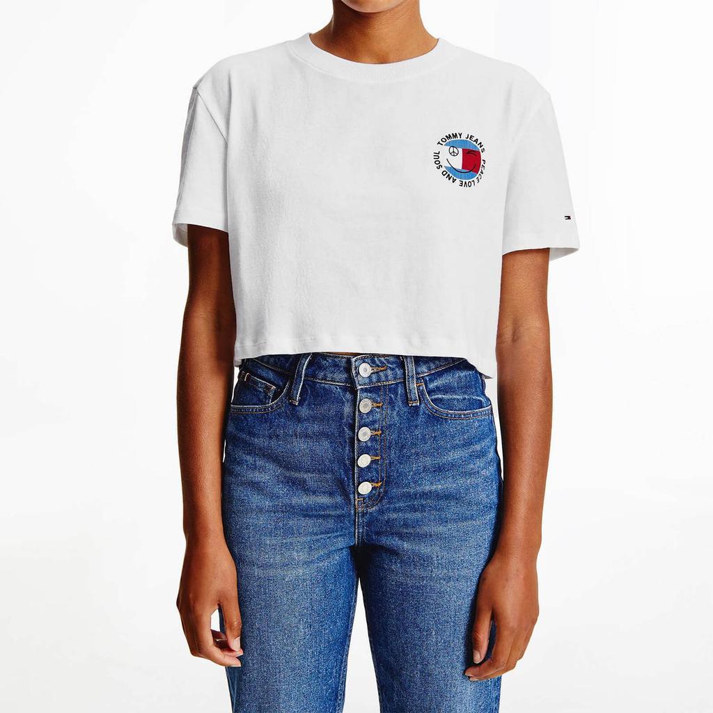 商品Tommy Hilfiger|Tommy Jeans Women's Tjw Super Crop Peace Smiley T-Shirt - White,价格¥161,第1张图片