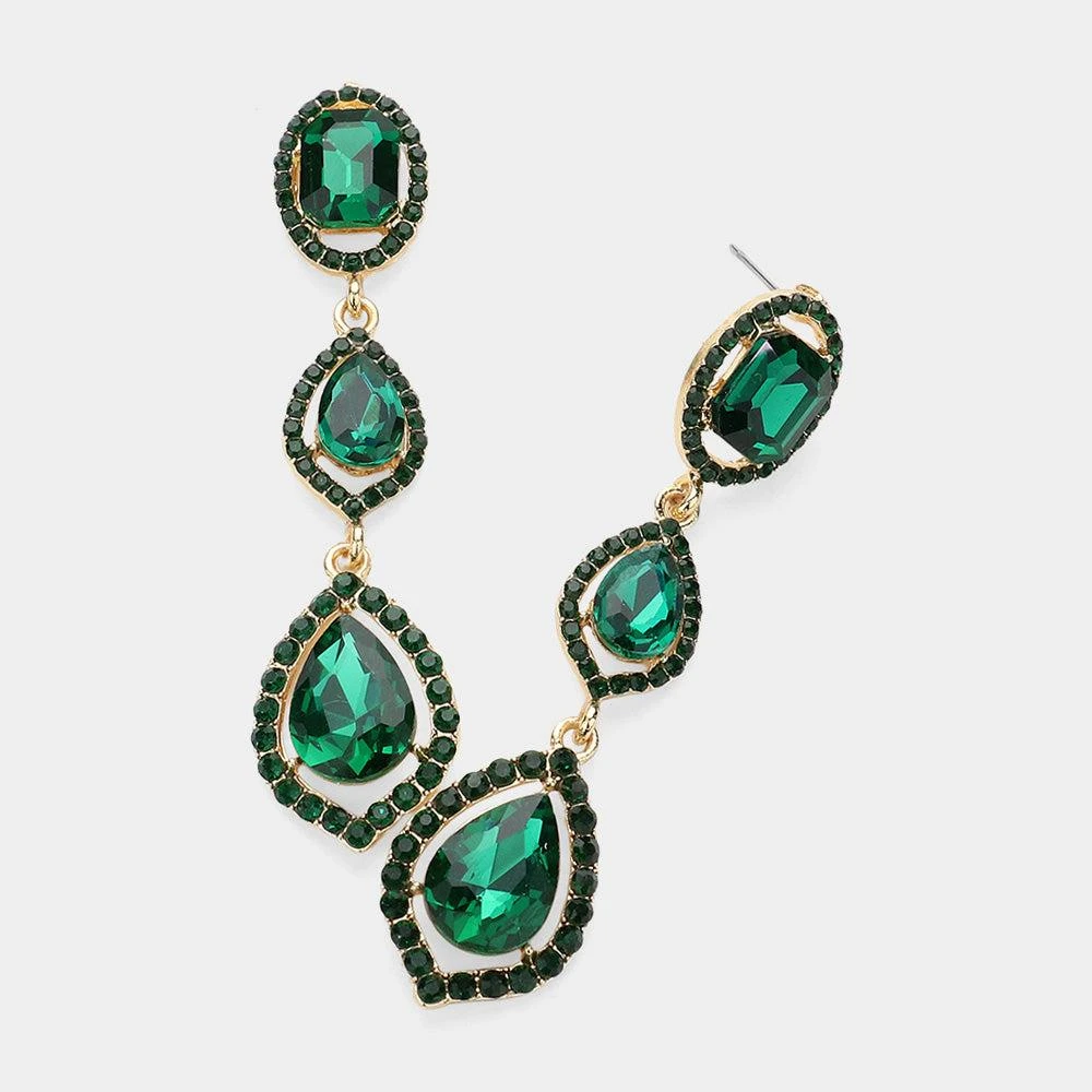 商品FASHNZFAB|Teardrop Stone Pointed Dropdown Dangle Evening Earrings - Emerald, Gold,价格¥161,第1张图片