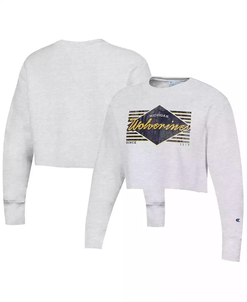 商品CHAMPION|Women's Heather Gray Distressed Michigan Wolverines Reverse Weave Cropped Pullover Sweatshirt,价格¥502,第1张图片