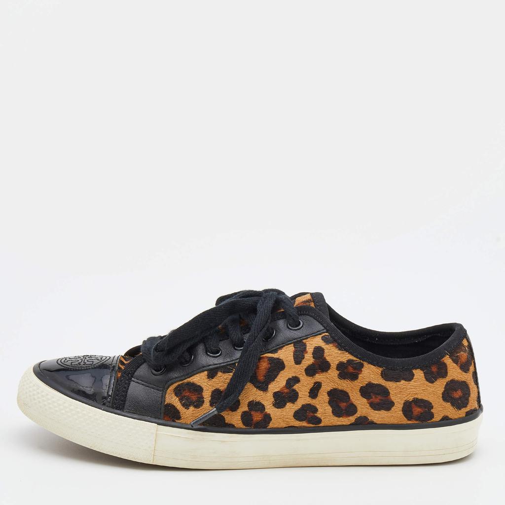 Tory Burch Black/Brown Leopard Print Calf Hair And Leather Low Top Sneakers Size 38商品第1张图片规格展示