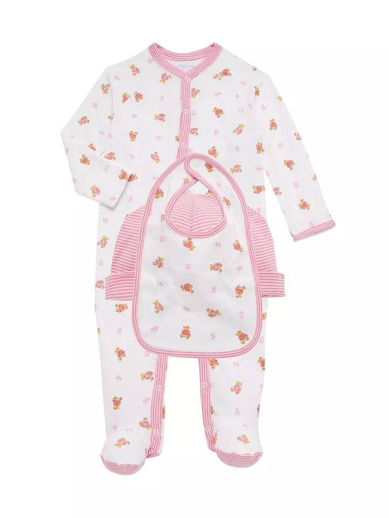 商品Ralph Lauren|Baby Girl's Polo Bear Print Footie, Beanie & Bib Set,价格¥559,第1张图片