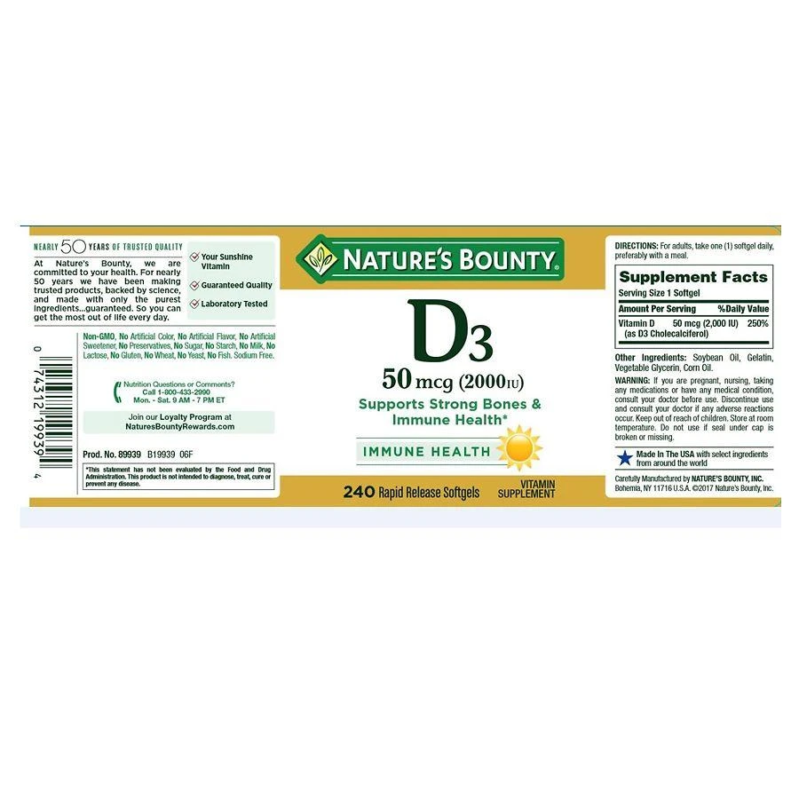 商品Nature's Bounty|维D3 2000IU 240片,价格¥209,第2张图片详细描述