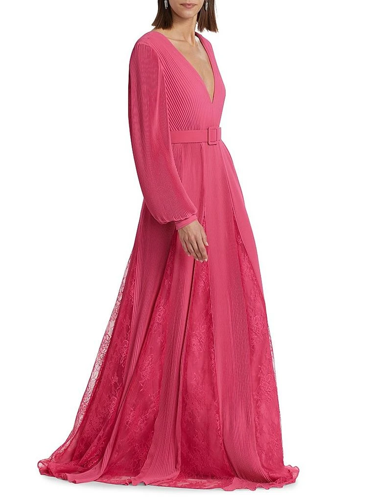 商品Badgley Mischka|Plissé Georgette & Lace Godet Belted Gown,价格¥2929,第4张图片详细描述