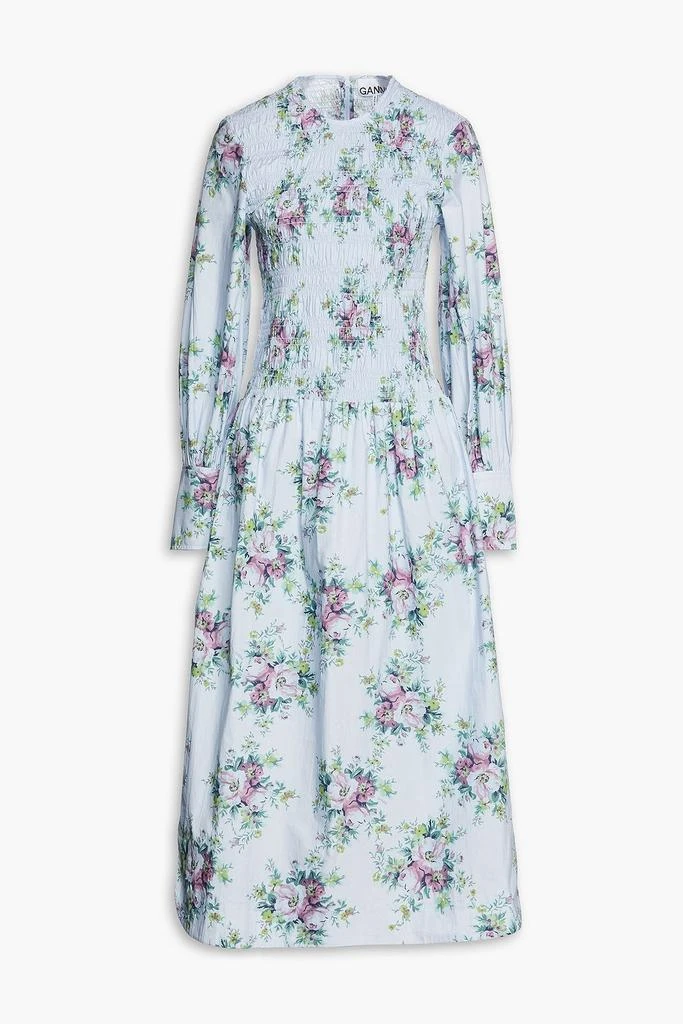 商品Ganni|Shirred floral-print organic cotton-poplin midi dress,价格¥513,第1张图片