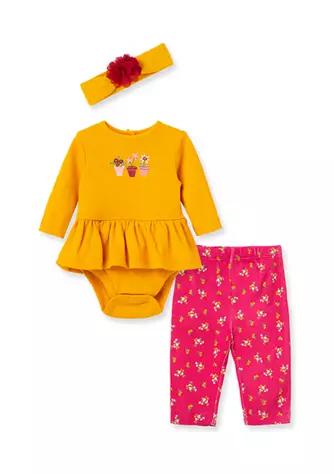 Baby Girls Flower Pots Bodysuit and Pants Set with Headband商品第1张图片规格展示
