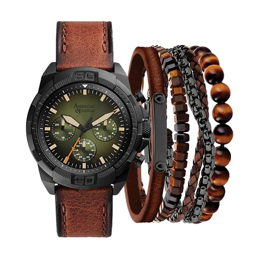 商品American Exchange|Men's Cognac Faux-Leather Strap Watch 51mm Gift Set,价格¥210,第1张图片
