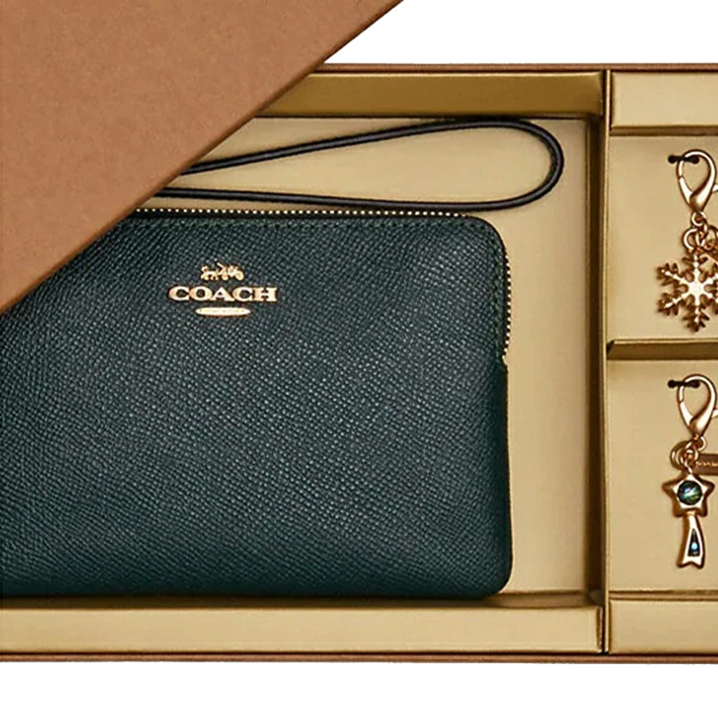 商品[国内直发] Coach|蔻驰 Boxed Corner Zip 16 角拉链礼盒款 横纹皮革 手腕包手拿包 迷你 女款 墨绿色,价格¥524,第4张图片详细描述