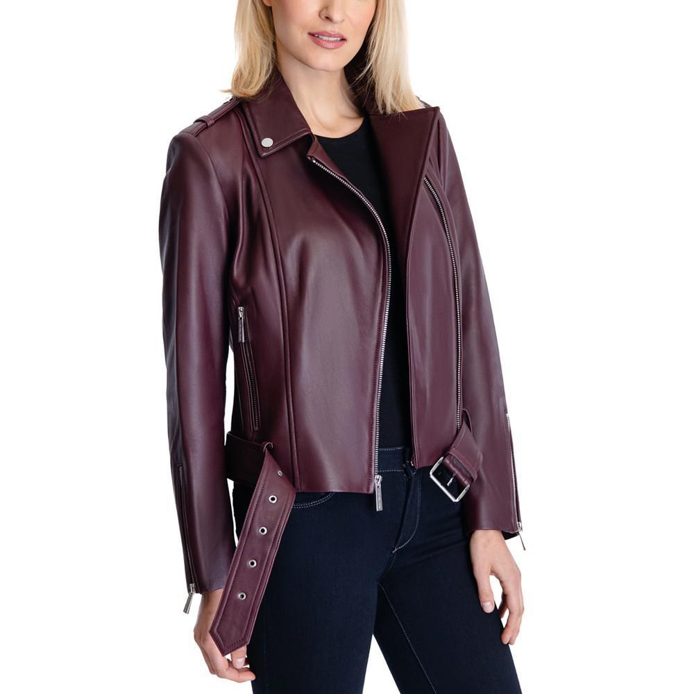 Women's Petite Belted Leather Moto Jacket商品第3张图片规格展示