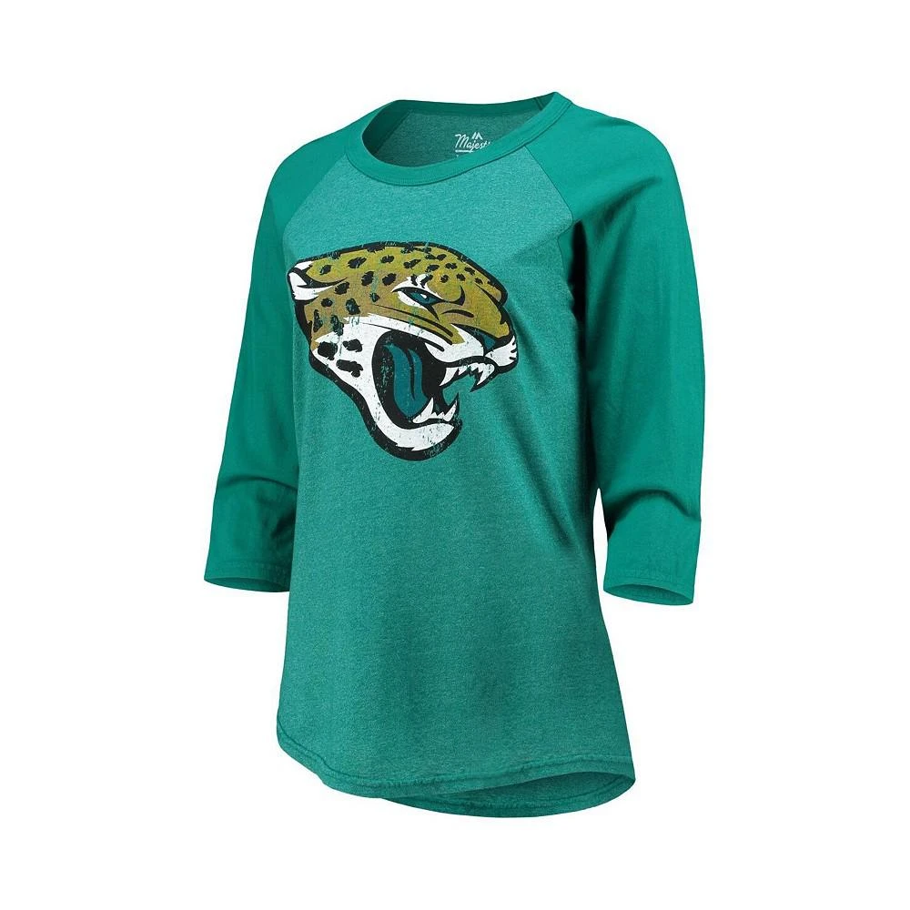 商品Majestic|Women's Trevor Lawrence Teal Jacksonville Jaguars Team Player Name and Number Tri-Blend Raglan 3/4-Sleeve T-shirt,价格¥298,第2张图片详细描述