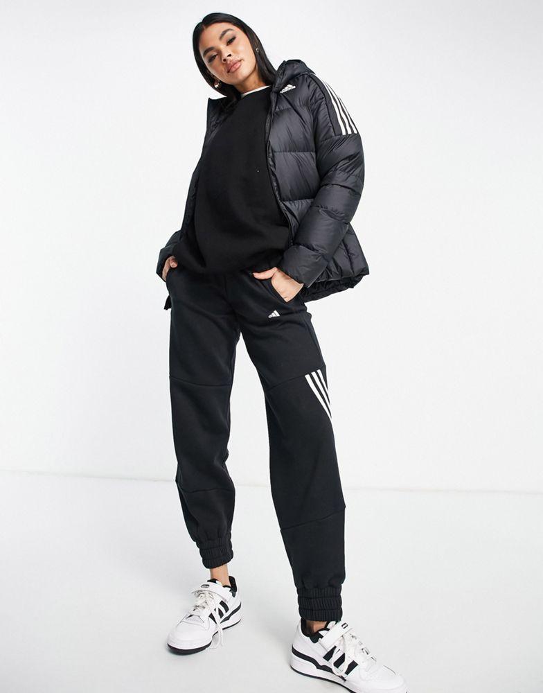 adidas Outdoor down hooded puffer jacket with three stripes in black商品第1张图片规格展示