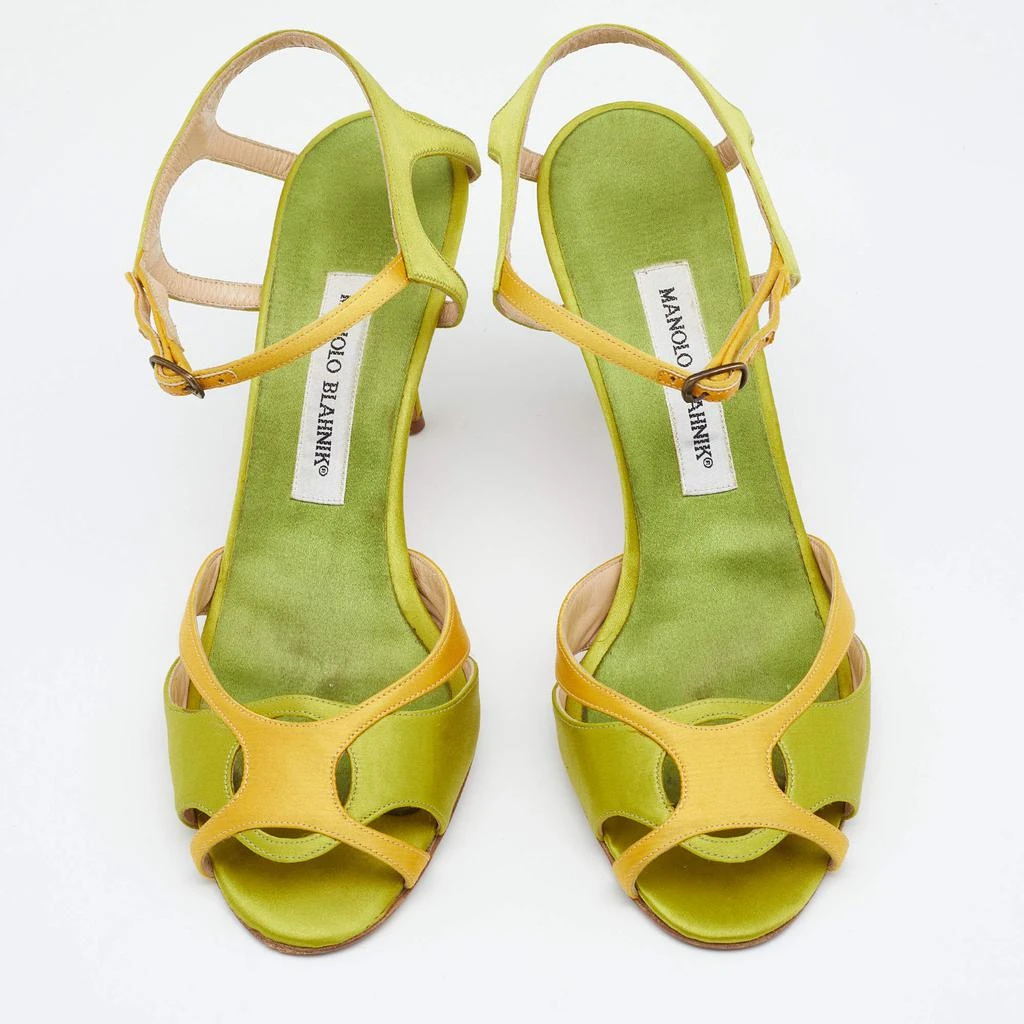 商品[二手商品] Manolo Blahnik|Manolo Blahnik Green/Yellow Satin Ankle Strap Sandals Size 39.5,价格¥1206,第3张图片详细描述
