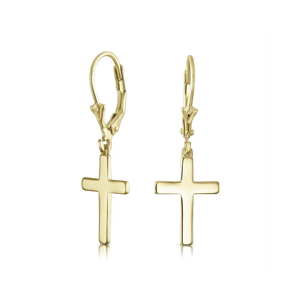 商品Bling Jewelry|Minimalist Simple Delicate Small Religious Cross Drop Dangle Earrings For Women Teen Secure Lever back High Polished Yellow 14K Gold Plated .925 Sterling Silver,价格¥172,第1张图片