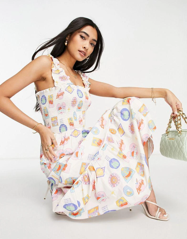 商品Never Fully Dressed|Never Fully Dressed Fruit Sticker printed shirred maxi dress in multi,价格¥351,第1张图片