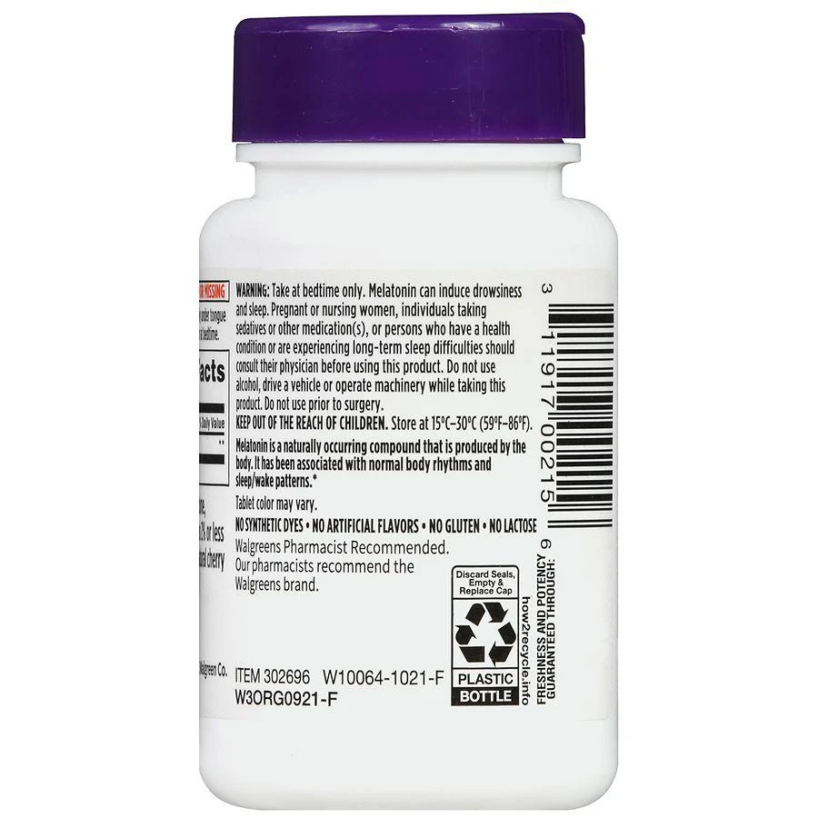 商品Walgreens|Dye-Free Melatonin 5 mg Tablets (150 days) Natural Cherry,价格¥117,第4张图片详细描述