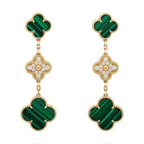 商品Van Cleef & Arpels| Van Cleef & Arpels/梵克雅宝 Magic Alhambra 女士绿色孔雀石镶钻四叶草挂坠耳环 VCARO9II00,价格¥152205,第1张图片