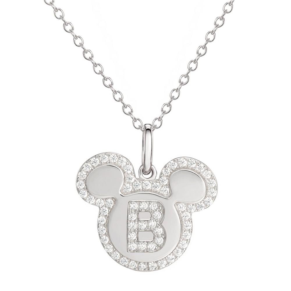 Mickey Mouse Cubic Zirconia Initial Pendant 18" Necklace in Sterling Silver商品第1张图片规格展示