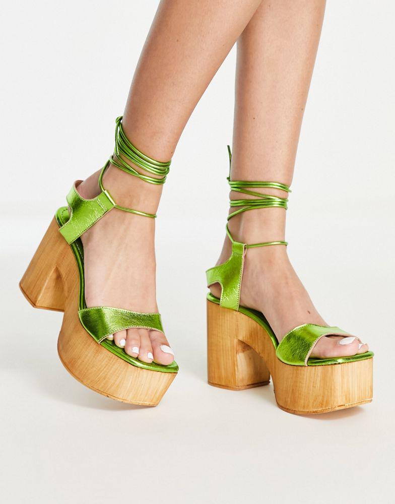 Topshop Wiley ghillie tie heeled clog in green商品第4张图片规格展示