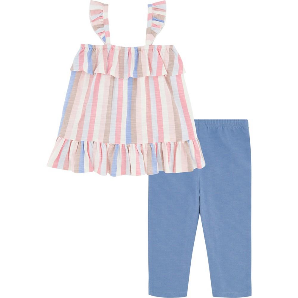 Little Girls Striped Tunic and Faux Denim Capri Leggings商品第2张图片规格展示