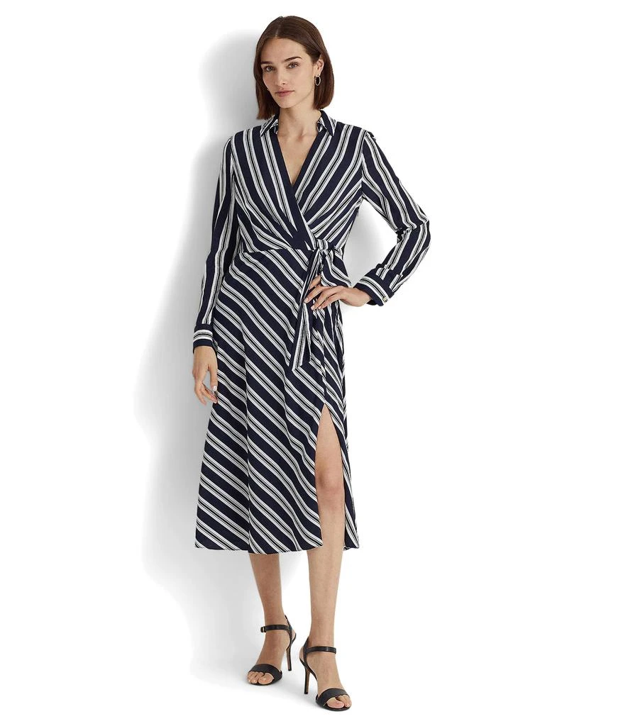 商品Ralph Lauren|Petite Striped Tie Front Crepe Midi Dress,价格¥930,第1张图片