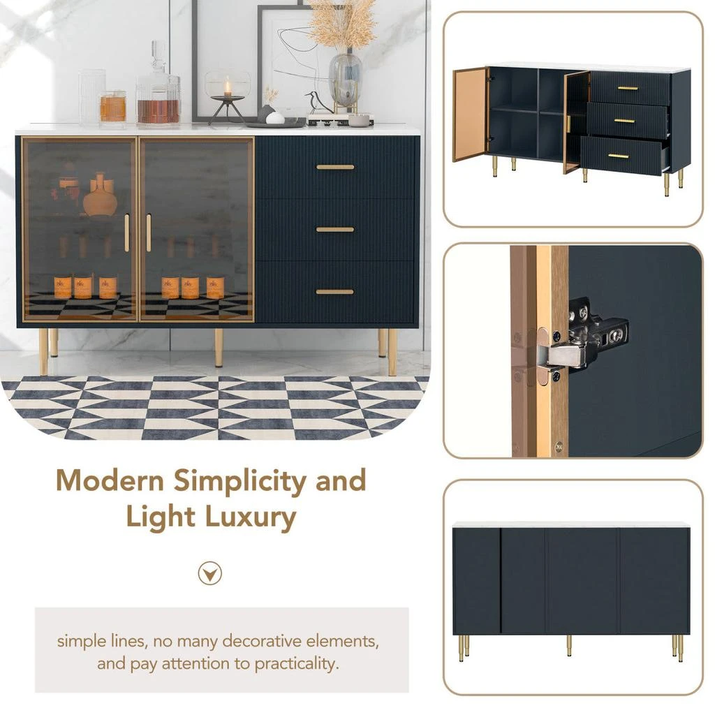 商品Simplie Fun|Modern Sideboard MDF Buffet Cabinet Marble Sticker Tabletop and Amber-yellow Tempered Glass Doors,价格¥4866,第5张图片详细描述