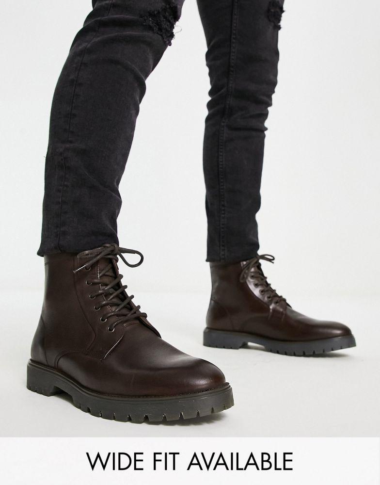 ASOS DESIGN lace up boots in brown leather with chunky sole商品第1张图片规格展示