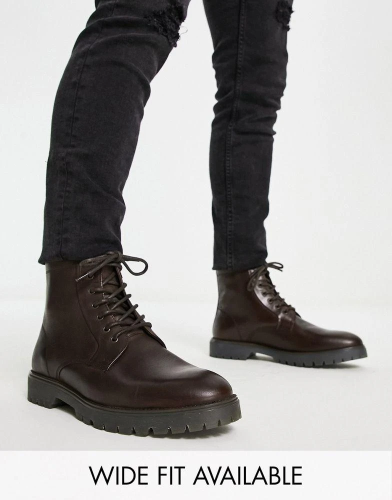 商品ASOS|ASOS DESIGN lace up boots in brown leather with chunky sole,价格¥430,第1张图片