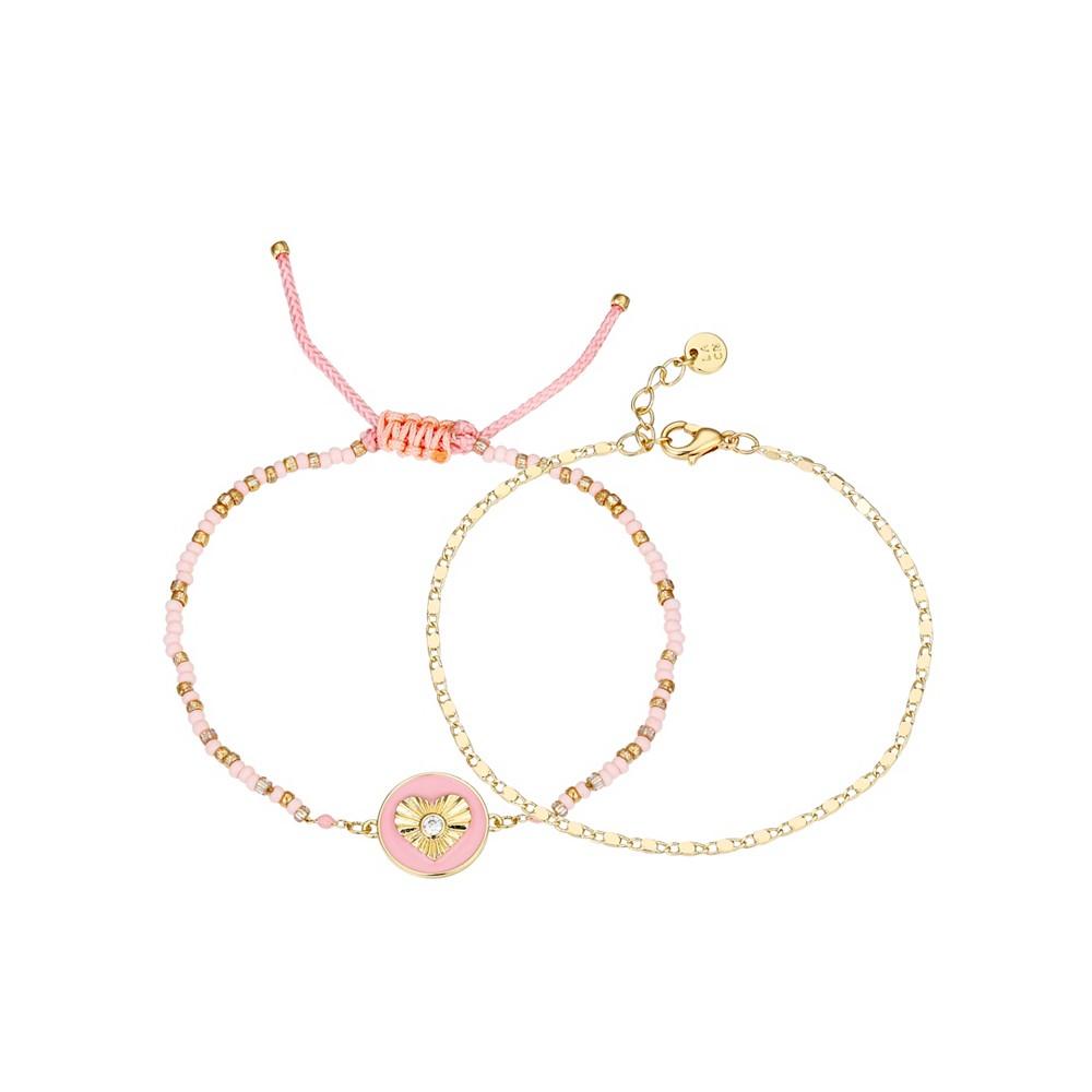 14K Gold Flash-Plated Brass Cubic Zirconia Pink Heart Cord and Chain Bracelet商品第1张图片规格展示