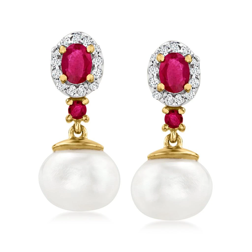 商品Ross-Simons|7.5-8mm Cultured Pearl Drop Earrings With . Rubies and . White Topaz in 18kt Gold Over Sterling,价格¥860,第1张图片