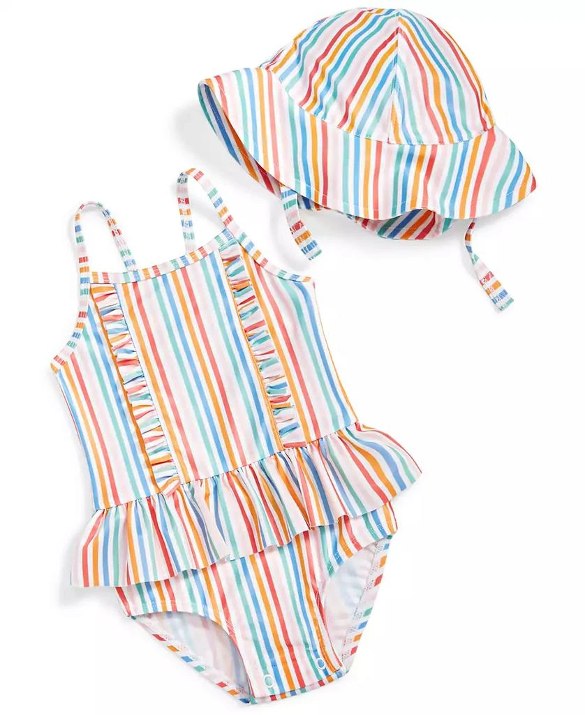 商品First Impressions|Baby Girls Striped One Piece Swimsuit and Hat, 2 Piece Set, UPF 50, Created for Macy's,价格¥72,第1张图片