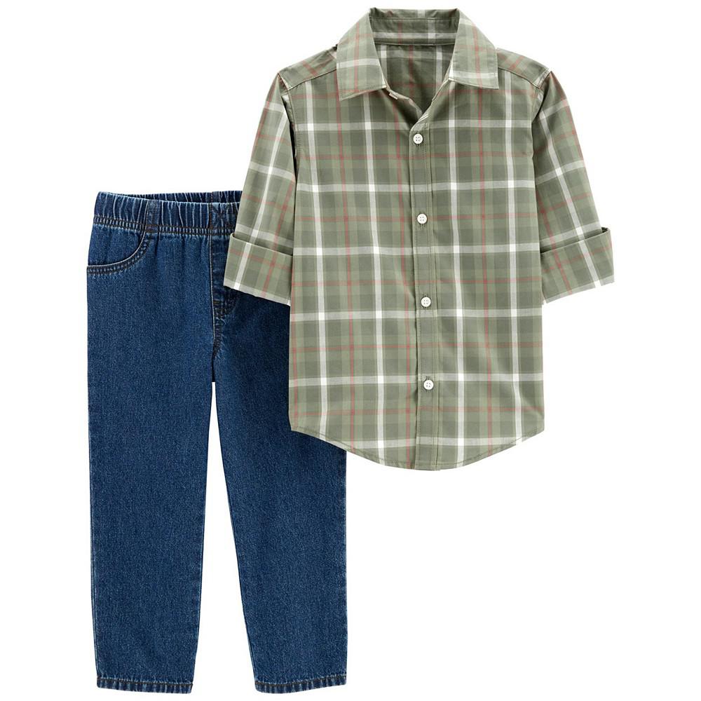 Baby Boys Plaid Button-Front Shirt and Denim Pants, 2 Piece Set商品第1张图片规格展示