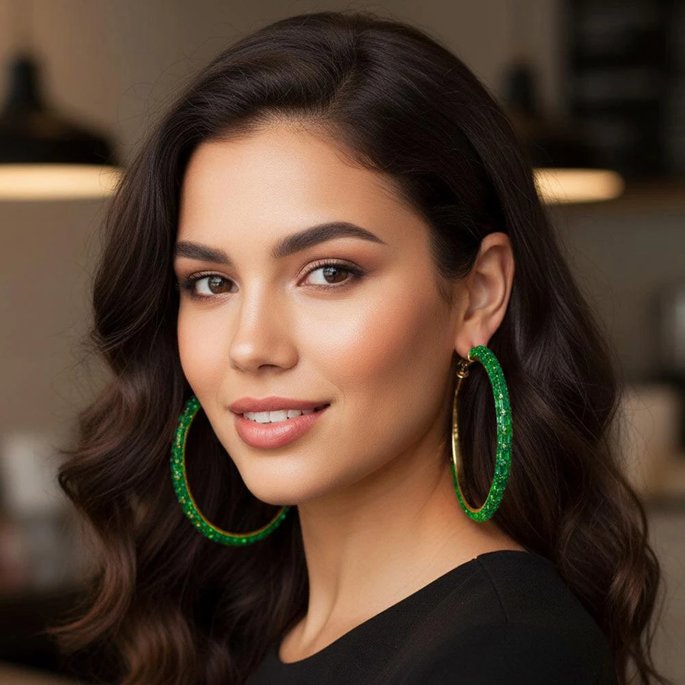 商品FASHNZFAB|Oversized Baguette Rhinestone Embellished Hoop Earrings - Emerald, Gold,价格¥184,第1张图片