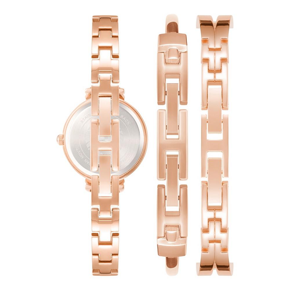Women's Rose Gold-Tone Alloy Bangle with Navy Enamel and Crystal Accents Fashion Watch 33mm Set 3 Pieces商品第3张图片规格展示