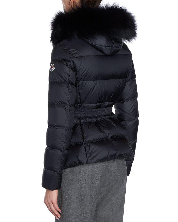 Moncler Boed Belted Down Jacket with Shearling Hood Trim