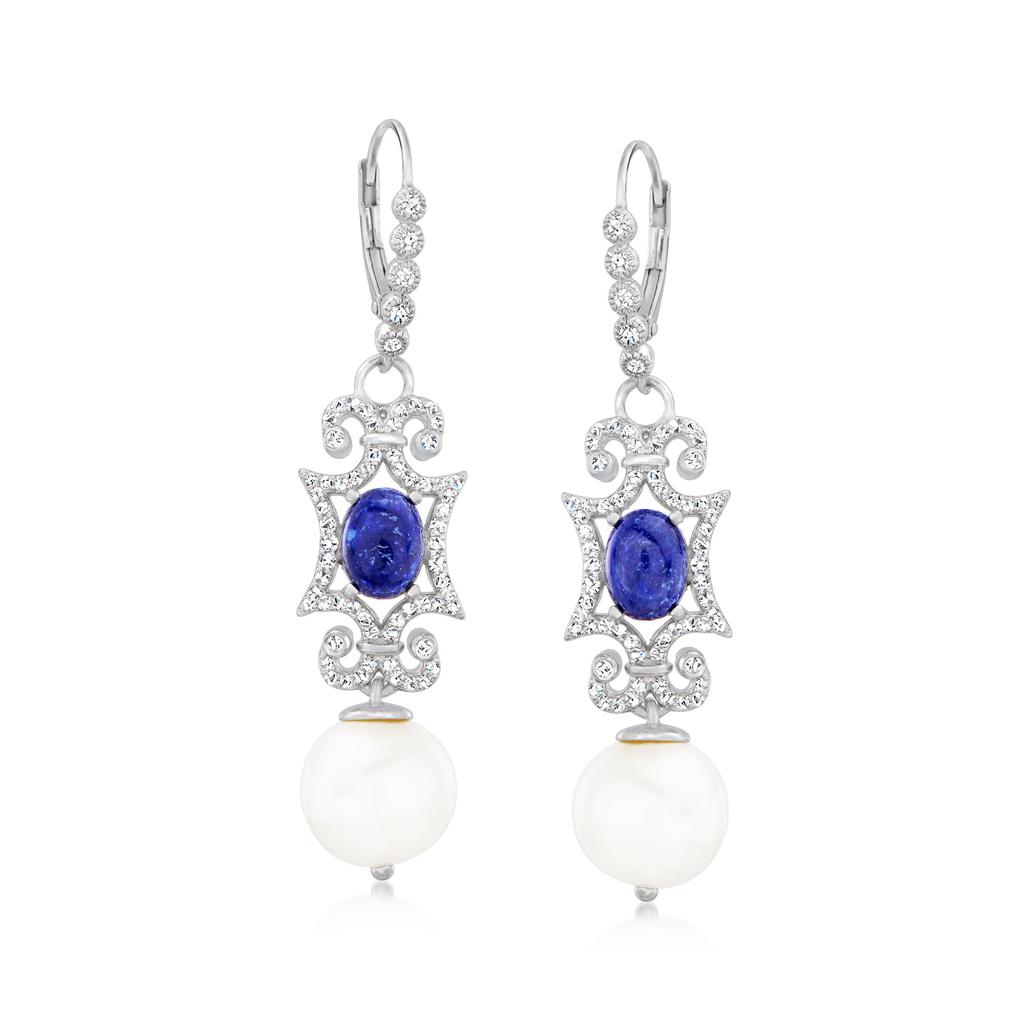 Ross-Simons 11-11.5mm Cultured Pearl, Lapis and . White Topaz Drop Earrings in Sterling Silver商品第1张图片规格展示
