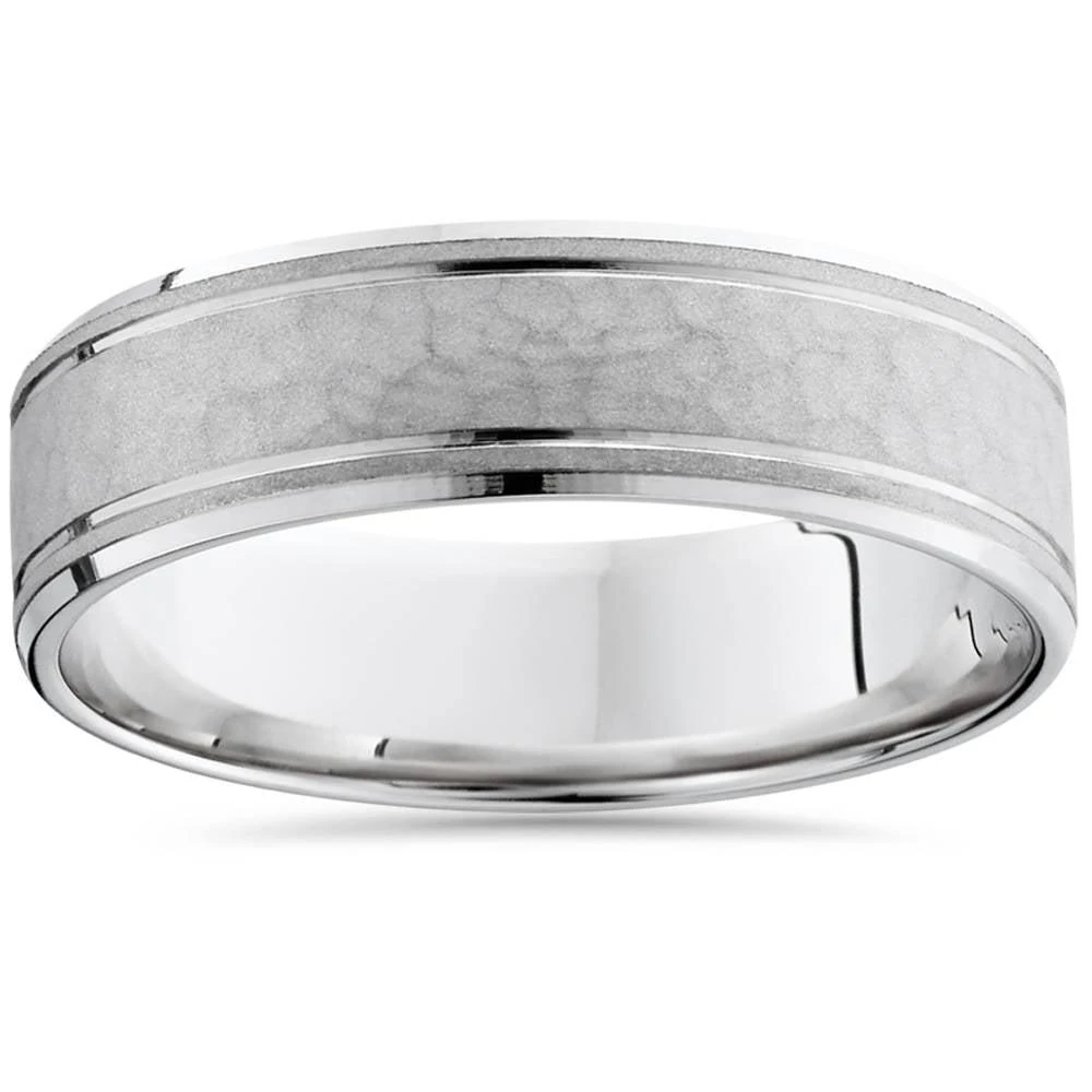 商品Pompeii3|Mens Hammered 14K White Gold Comfort Fit Ring Band New Size Selectable,价格¥4080,第1张图片