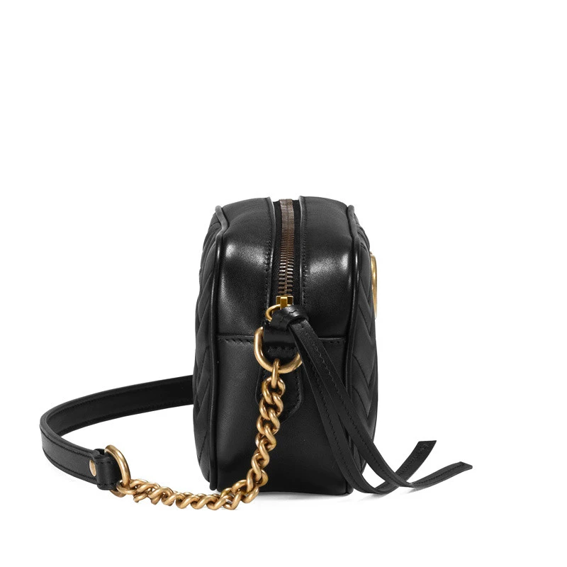 GUCCI/古驰 迷你GG Marmont女士黑色牛皮波浪纹双G链条单肩斜挎相机包 商品