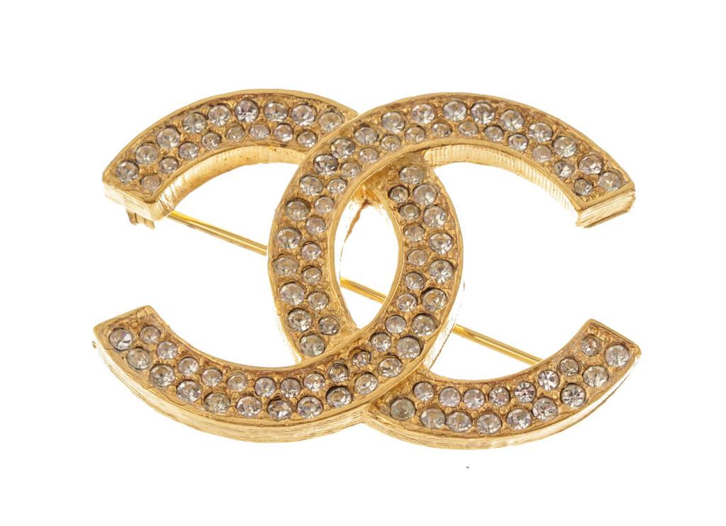 Chanel Vintage Gold-tone Metal CC Rhinestone Brooch商品第1张图片规格展示