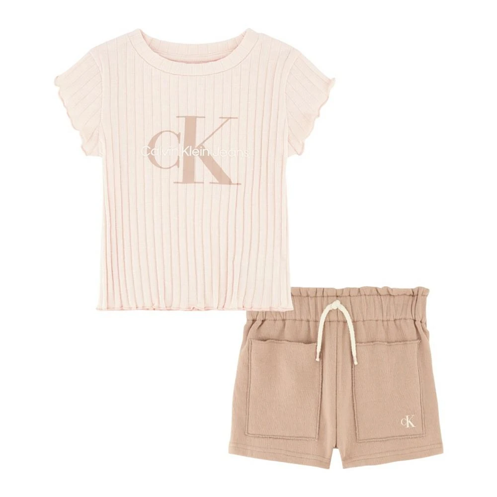 商品Calvin Klein|Toddler Girls Ribbed Logo T-shirt and Crepe French Terry Shorts, 2 Piece Set,价格¥171,第1张图片