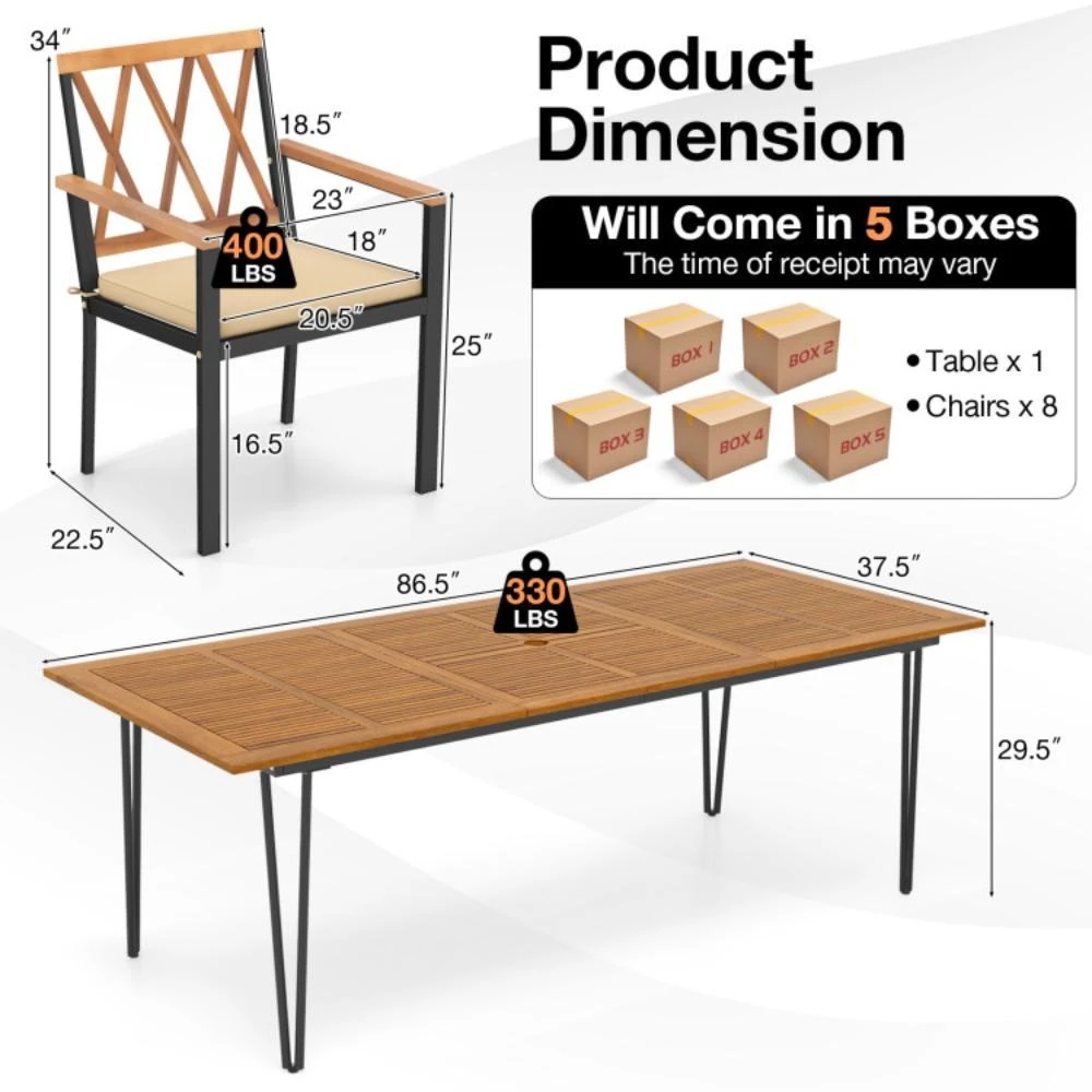 商品Hivvago|Acacia Wood Outdoor Furniture Set 9 Pieces Patio Dining Set with 8 Chairs,价格¥6229,第5张图片详细描述