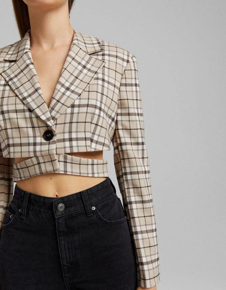 商品Bershka|Bershka cropped blazer co-ord in beige check,价格¥217,第3张图片详细描述