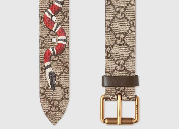 商品Gucci|法国直邮GUCCI/古驰 经典款男士米色帆布双G印花珊瑚蛇针扣腰带,价格¥4934,第2张图片详细描述