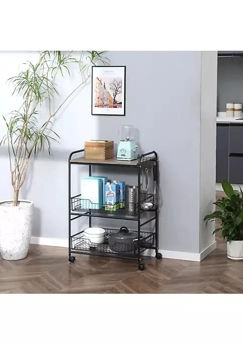 商品belk|24 3 Tier Rolling Kitchen Cart Utility Storage Trolley With 2 Basket Drawers Side Hooks For Dining Room And Kitchen Oak Wood Tone,价格¥517,第4张图片详细描述