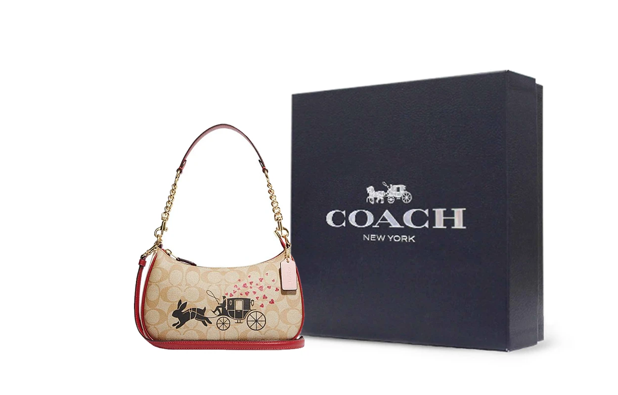 商品[国内直发] Coach|蔻驰 Teri 25 经典老花兔子马车印花拉链开合 牛皮革细节 手提单肩包 中号 女款 卡其色,价格¥1856,第7张图片详细描述