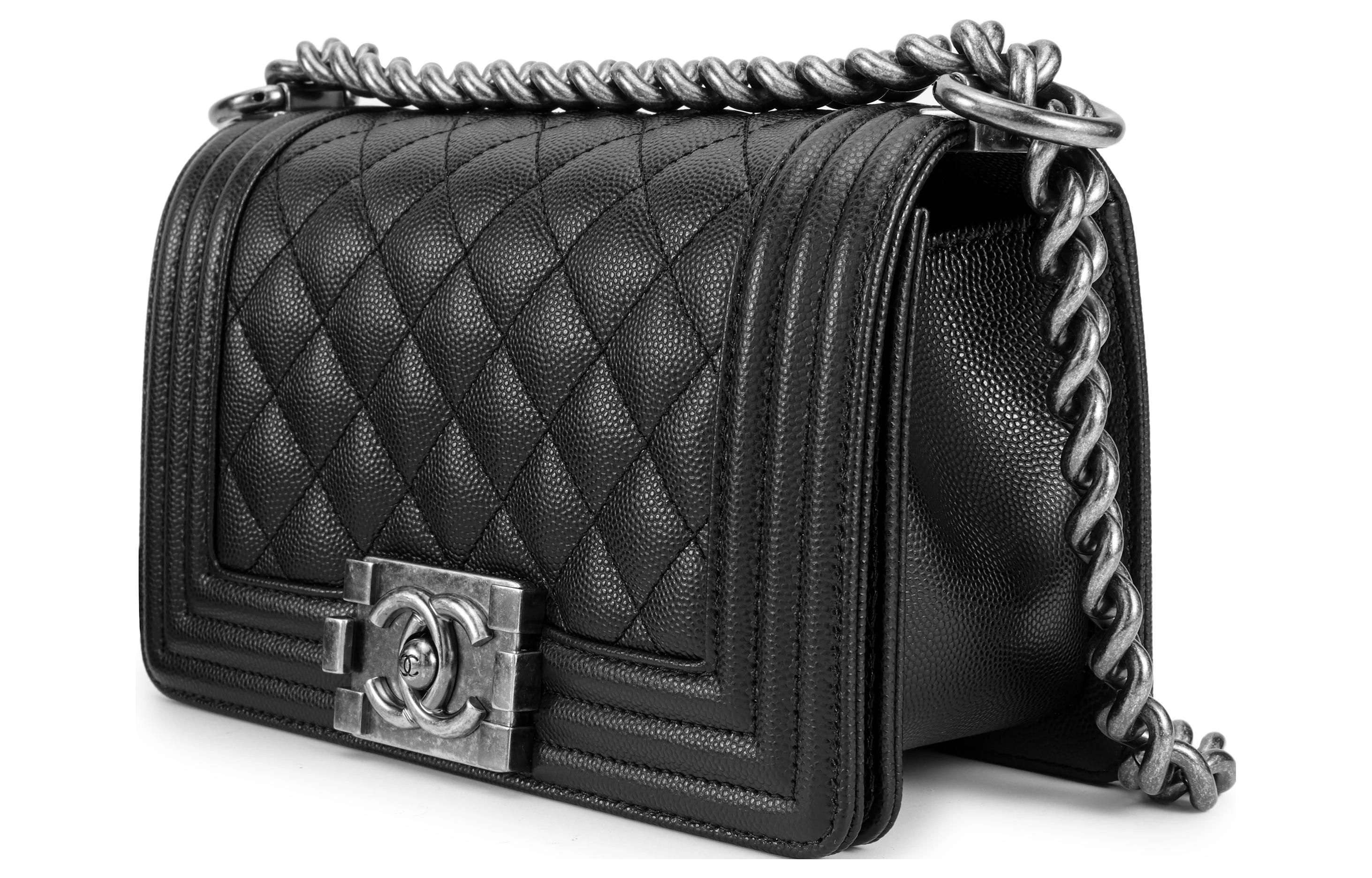 商品[国内直发] Chanel|香奈儿 LEBOY 复古做旧银扣 荔枝纹颗粒牛皮 手提单肩斜挎包 小号 女款 黑色,价格¥47221,第3张图片详细描述