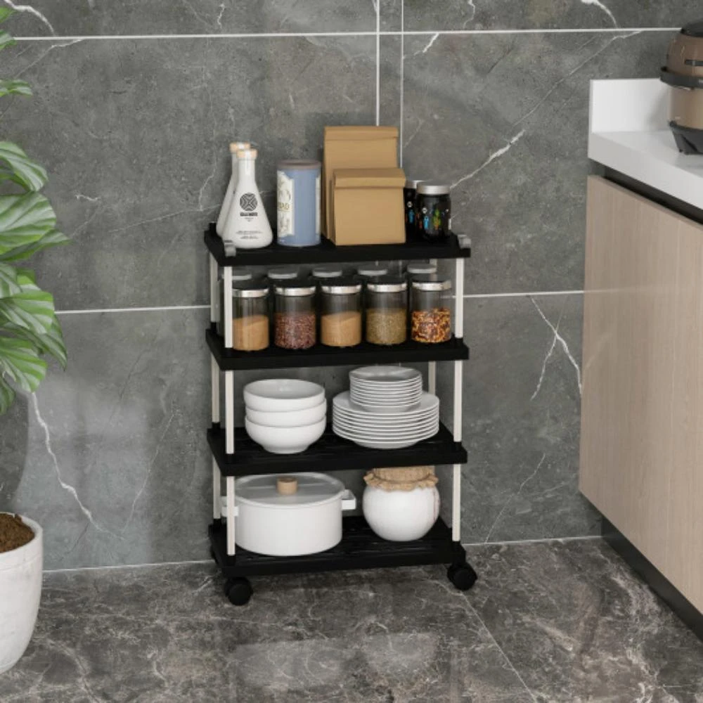商品Hivvago|4-Tier Kitchen Slim Storage Cart with Lockable Wheels-Black,价格¥281,第2张图片详细描述