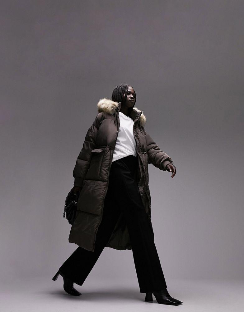 商品Topshop|Topshop longline puffer coat in faux fur trim hood in grey,价格¥641,第1张图片