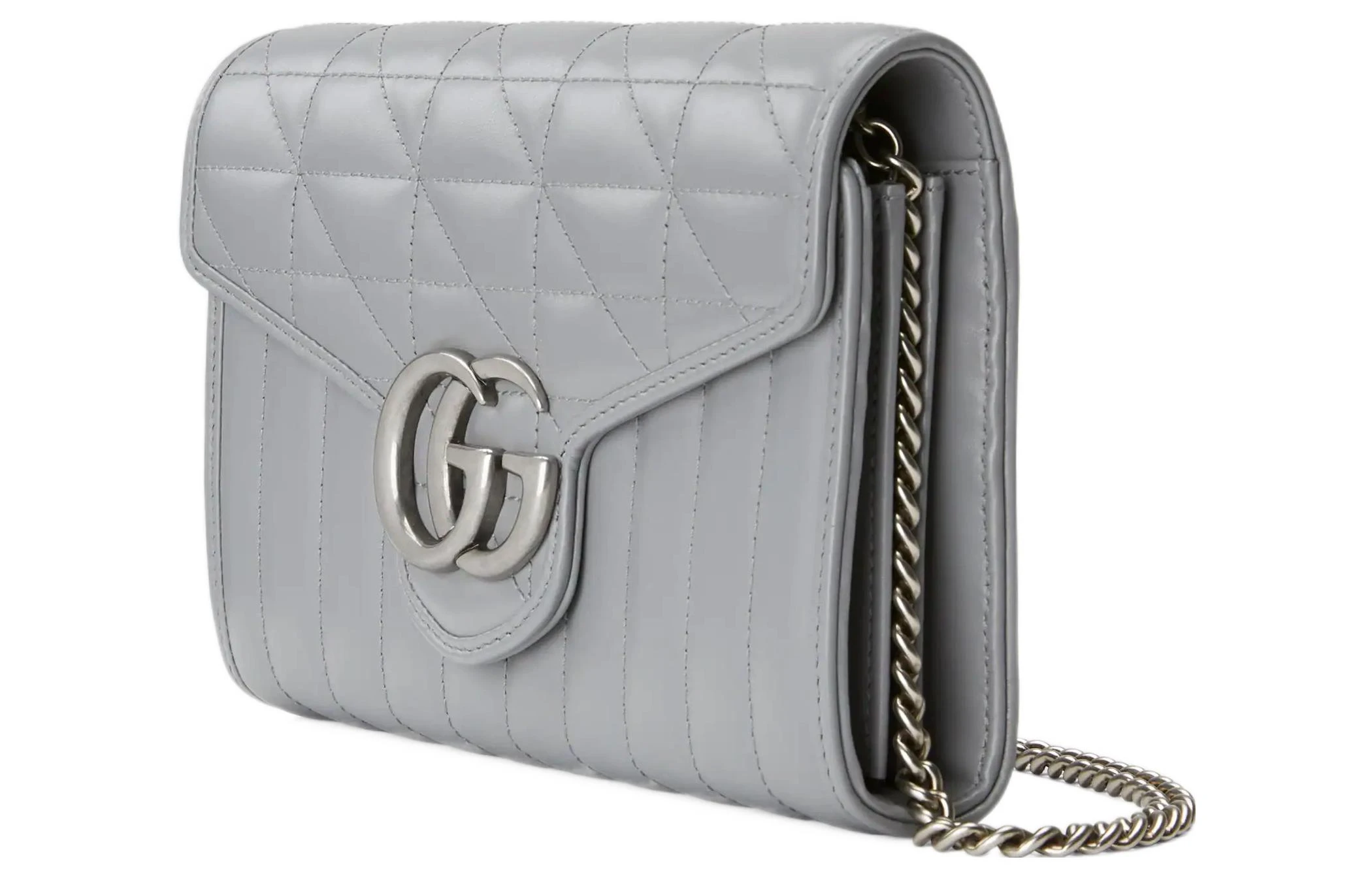 商品[国内直发] Gucci|古驰 GG Marmont系列 马蒙银标磨砂Logo竖条斜纹链条 绗缝皮革 信封包单肩斜挎包 迷你 女款 灰色,价格¥11971,第3张图片详细描述