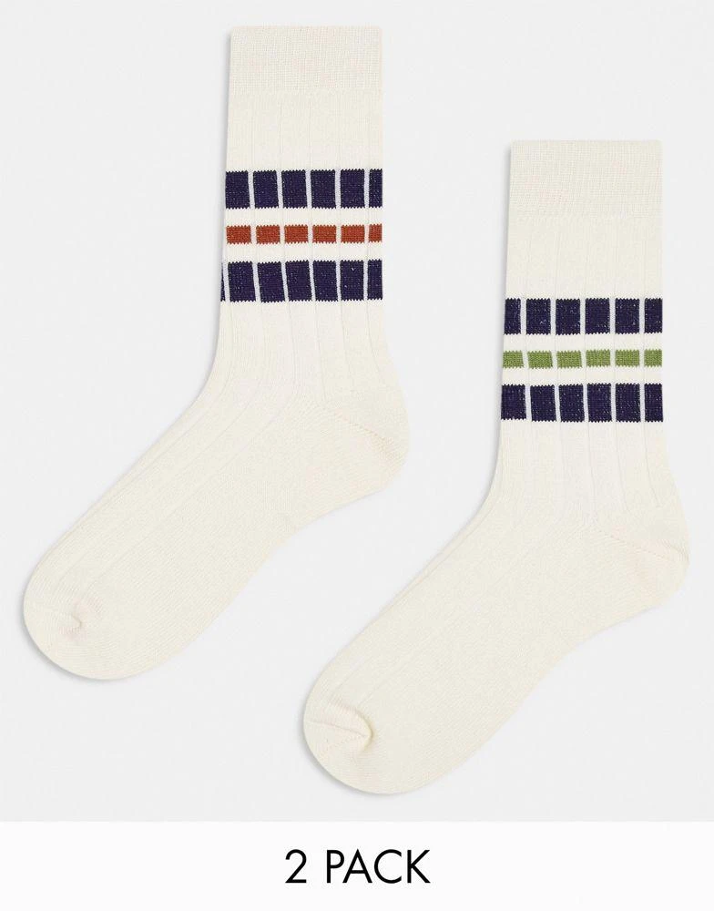 商品ASOS|ASOS DESIGN 2 pack wide rib socks in off white with stripes,价格¥99,第1张图片