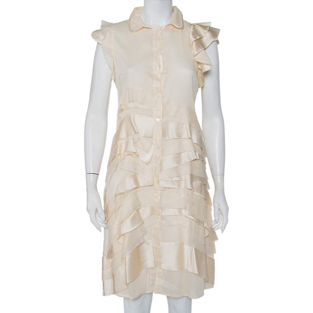 Prada Cream Silk Detachable Collar Detail Ruffled Shirt Dress M商品第1张图片规格展示