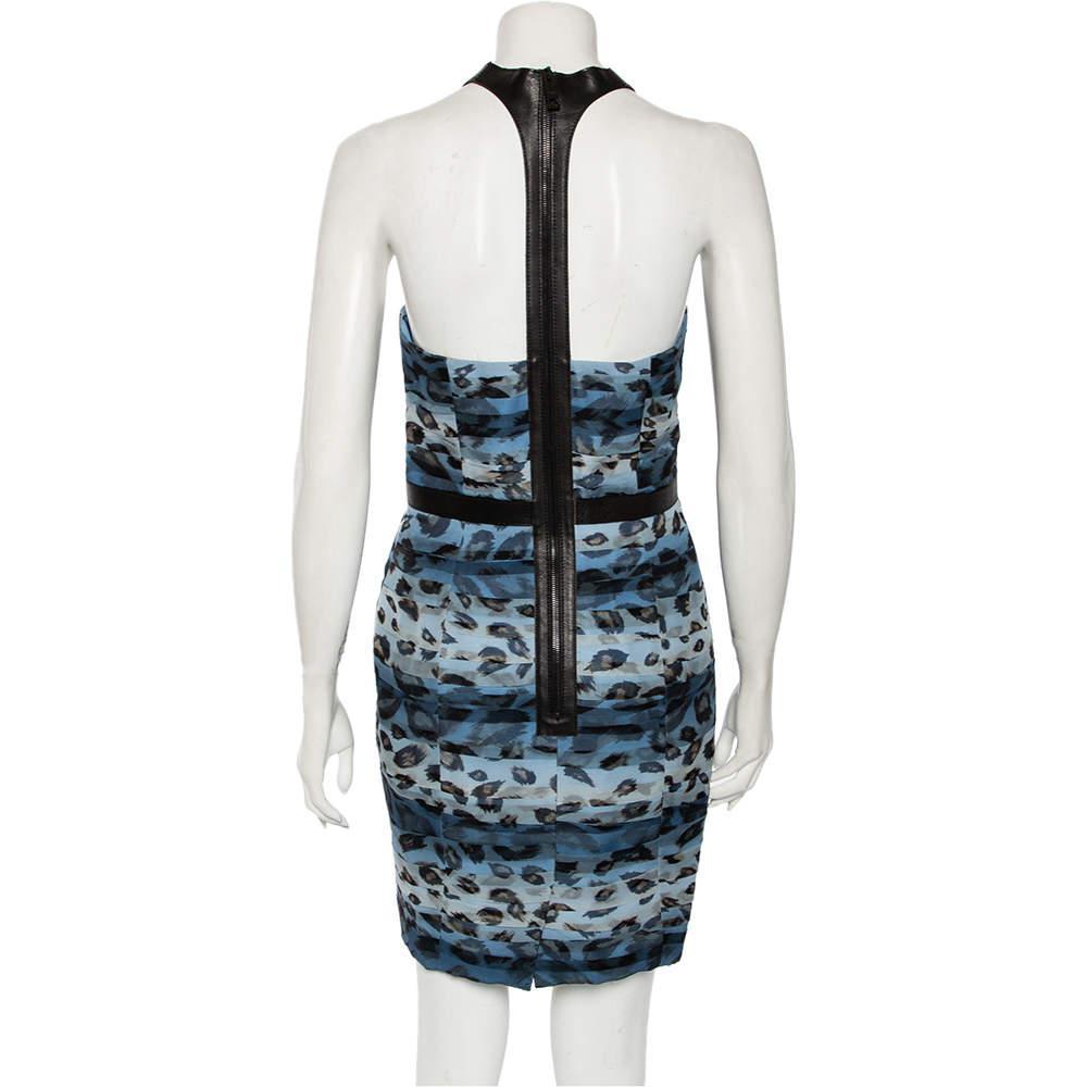 商品[二手商品] Burberry|Burberry Blue Printed Silk & Leather Trimmed Short Dress M,价格¥927,第5张图片详细描述